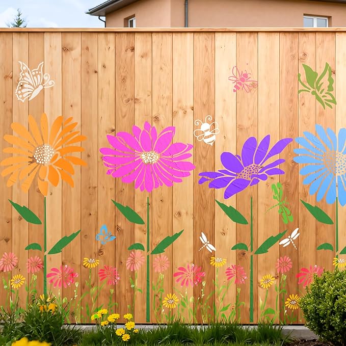 6Pcs Large Flower Stencils for Painting on Walls 16 x 12 Inch Giant Reusable Wall Stencil for Wood Fence Garden Crafts Wildflower Stencils Sunflower Paint Templates Outdoor DIY Wall Art Decor