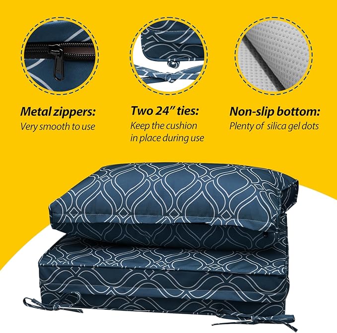 AAAAAcessories Outdoor Seat Cushions for Chairs, Fade-Resistant, Waterproof Patio Furniture Replacement Cushions, 25.5" x 25.5" x 5" + 25.5" x 13.5", Slate Blue Vine Trellis