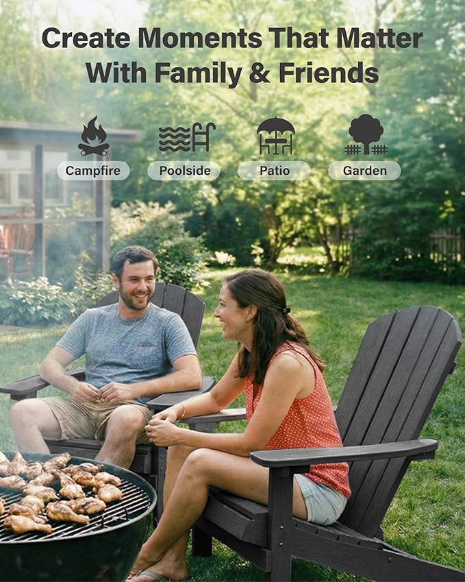 YEFU Adirondack Chairs Set of 2 Plastic Weather Resistant, Outdoor Chairs with Cup Holder, Like Real Wood, Widely Used in Outdoor, Patio, Fire Pit, Deck, Outside, Campfire Chairs (Dark Grey)