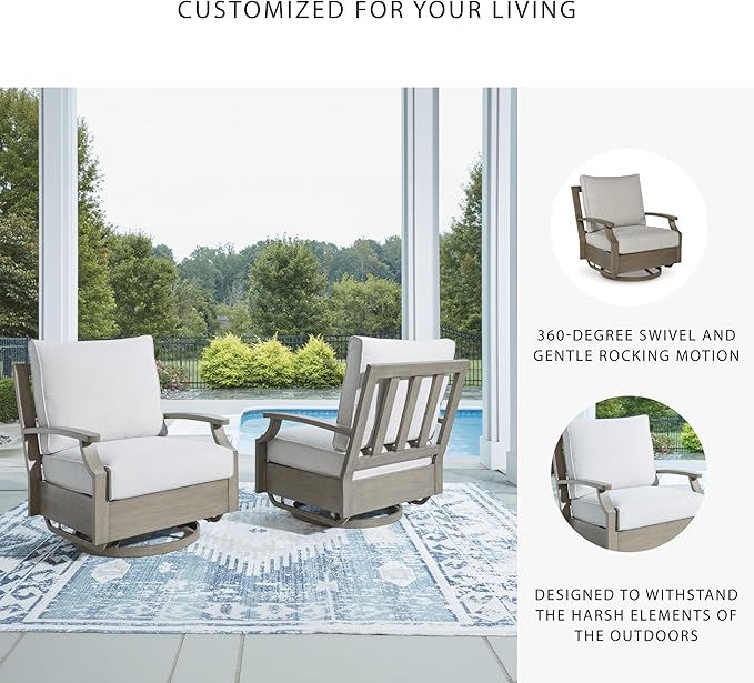 Signature Design by Ashley Rainier Ranch Contemporary Nuvella Weather Resistant Fabric Outdoor High Back Swivel Glider Chair with Cushion, Light Brown & Beige