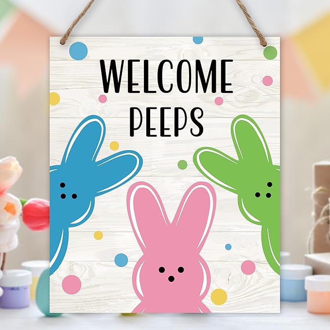 Easter Welcome Sign for Front Door, Welcome Peeps Easter Door Sign Decor, Rabbit Rectangle Wood Sign Hanger for Outdoor Farmhouse Garden Porch Home - C03
