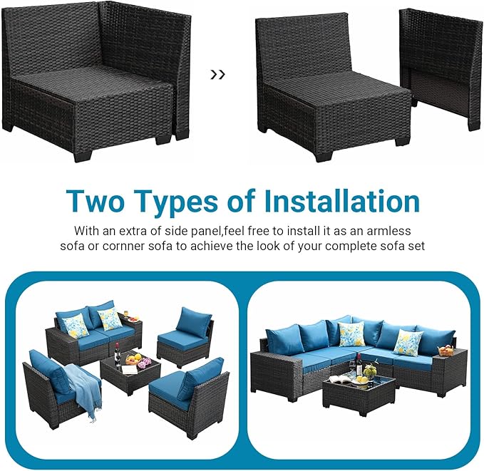 Jing's Villa 10-Piece Patio Furniture Set, All-Weather Outdoor Wicker Sectional Sofa with Cushions,Glass Table & Left and Right Armrest, Rattan Conversation Seating for Porch, Backyard,Peacock Blue
