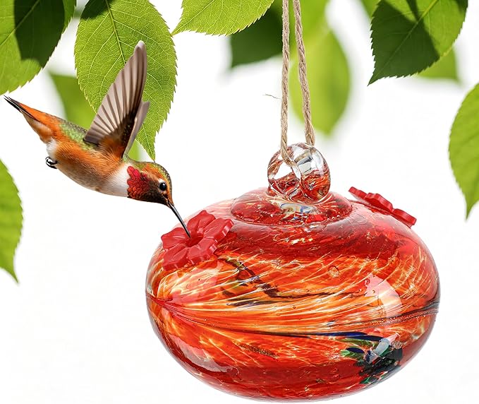 3inch Hand Blown Glass Hummingbird Feeder Colorful Hanging Glass Feeder with 2 Feeding Ports for Outside Garden Window Patio Decoration