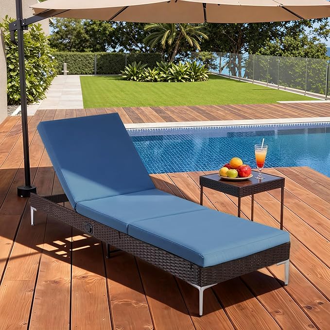 HOMREST Outdoor Chaise Lounge Chair, Patio Wicker Lounge Chair with Pneumatic Adjustable Backrest, Rattan Pool Sunbathing Recliner Suitable for Outside with Removable Cushion (Navy Blue)