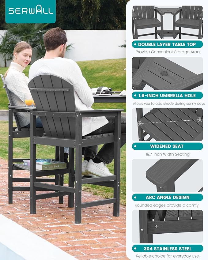 SERWALL Tall Adirondack Chairs Set of 4 with Double Layer Connecting Tray, HDPE Bar Height Outdoor Chairs, Wood-Like Adirondack Bar Stools for Patio, Balcony, Porch, Grey