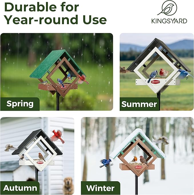 Kingsyard Large Platform Bird Feeder with Metal Mesh Tray, Pole Mount Adjustable Bird Feeders with Weather Protective Top, 4 lbs Seed Capacity, Brown