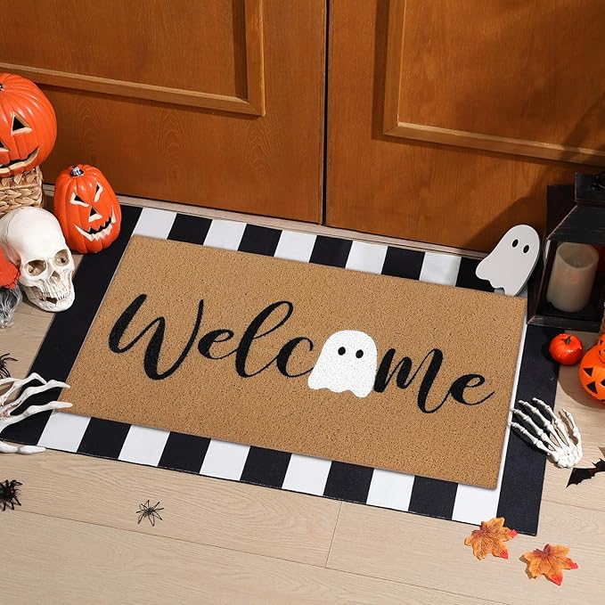 Tinideya 2 Pcs Halloween Door Mat Ghost Welcome Non Slip Coir Mats Cute Black White Stripe Floor Layering Doormats Seasonal for Front Porch Entryway Decor(White Ghost)