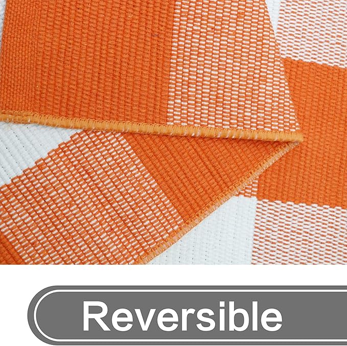 MUBIN Cotton Orange and White Plaid Rug, 4'x6' Fall Outdoor Front Door Decorative Mat, Hand-Woven Rug for Layered Door Mats Washable Carpet for Porch, Entryway, Farmhouse, Autumn, Halloween