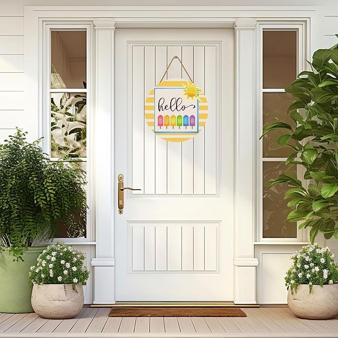 5ARTH Hello Summer Wooden Front Door Hanger Sign Hanging Sun Wall Decorations Porch Decor Home Garden Farmhouse Indoor Outdoor Wall Hanging Decoration