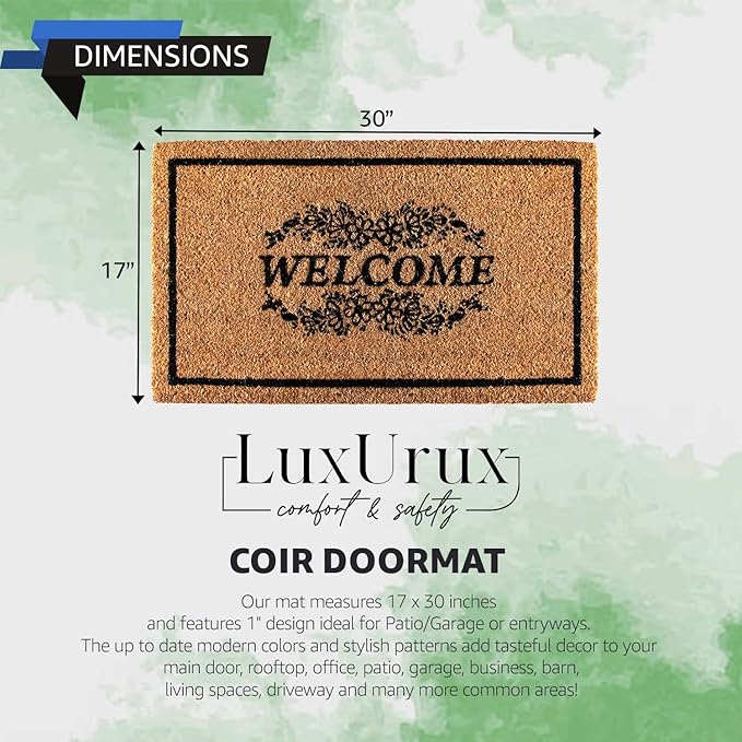 LuxUrux Welcome Mat Outdoor Doormat, with Heavy-Duty PVC Backing - Natural - Perfect Color/Sizing for Outdoor/Indoor uses. (17 x 30, Natural Brown - Welcome)