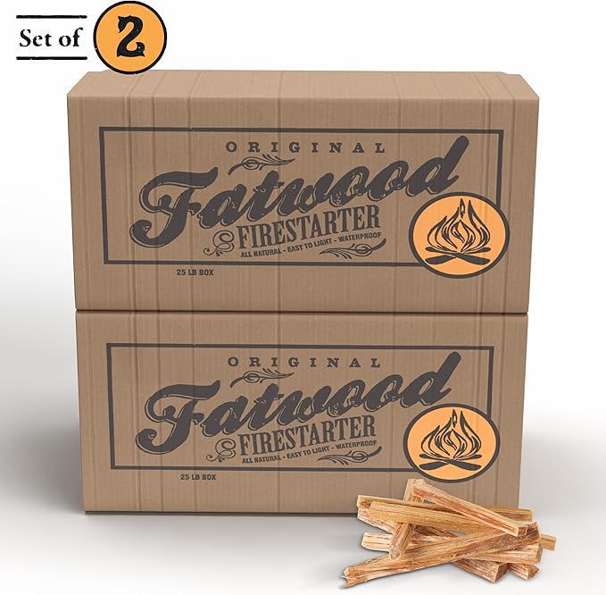 Fatwood Fire Starter Sticks 25-lb Box 2-Pack - Indoor or Outdoor 100% All Natural Pine Fire Starters for Campfires, Fireplace, Firepit, Wood Stove, or BBQ Grill - Kindling Wood Firewood by Pure Garden