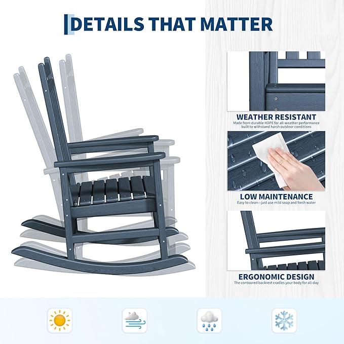 HDPE Rocking Chair Outdoor Set of 2 with Side Table - Poly High Back Porch Rocker Chairs for Adults - All Weather Resistant Furniture for Patio Front Porch - Navy Blue