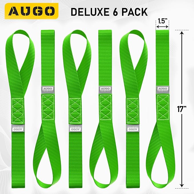 AUGO Heavy Duty Soft Loops –Pack of 6-1.5” x 17” Tie Down Anchor Straps for Use w/Ratchet Strap Hooks – 3000Lb Load Capacity & 10,000Lb Break Strength – Great for Motorcycle, Bike, Roof Rack, Etc.