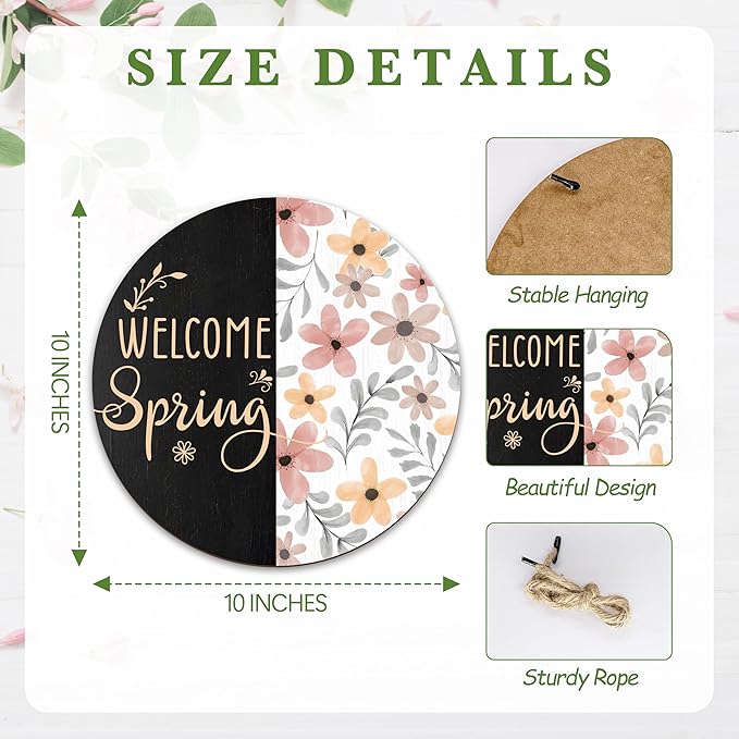 Spring Hanging Decor For Front Door, Watercolor Flowers Welcome Spring Round Sign Decor For Farmhouse Home Yard Porch, Hello Spring Decorations, Spring Wall Plaque Gifts For Friends Family -01