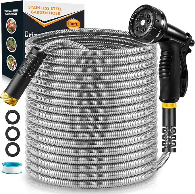 100 FT Metal Garden Hose, Stainless Steel Heavy Duty Water Hose With 10 Function Nozzles, Flexible No-Kink, Pet-Proof, Puncture-Proof Rust-Proof for Yard, Outdoors