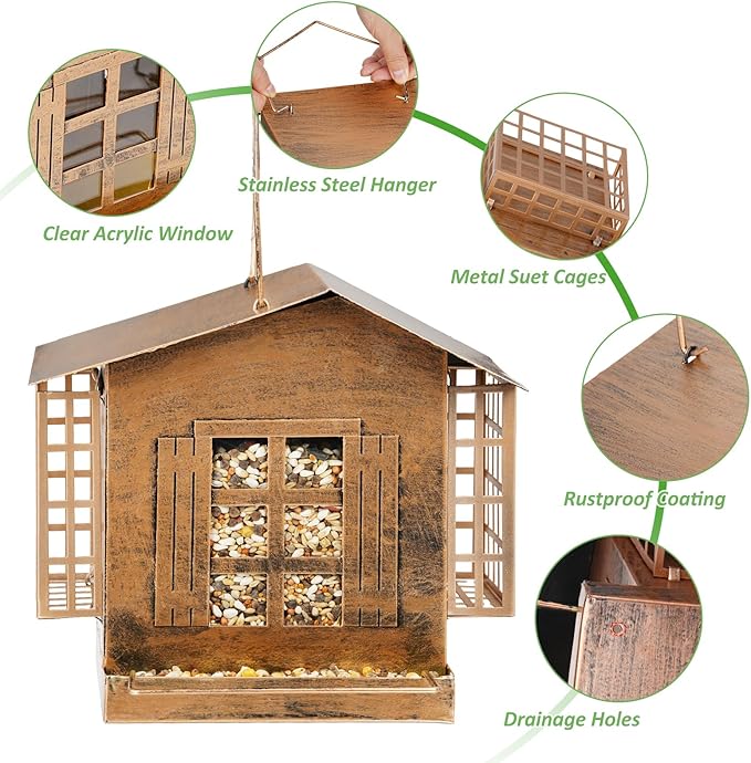 Bird Feeders for Outdoors, Metal Bird Feeder with Double Suet Cage Weatherproof Metal Roof, Suet Feeders for Outside Hanging, 5LB Large Seed Capacity