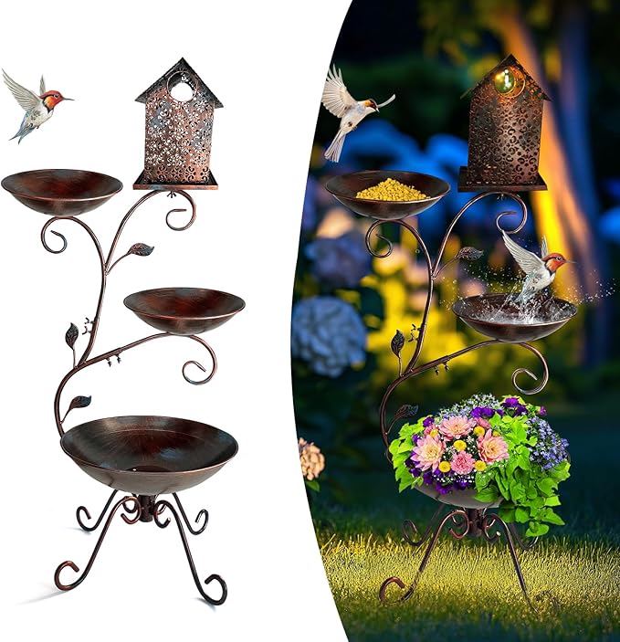 HONGLAND Bird Bath for Outside, 37" Antique Brass Metal Bird Bath Outdoors with Solar Lights, 4-in-1 Rust-Resistant Bird Feeder and House Combo, Detachable Flower Pots for Garden Yard Patio Decor