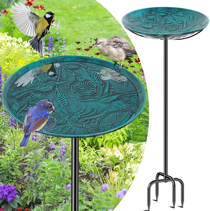 Metal Bird Bath for Outside, Vintage Freestanding Birdbaths & Birdfeeder, Bird Baths Feeder Bowl for Outdoors Garden Patio Yard Lawn Decor (Retro Blue)