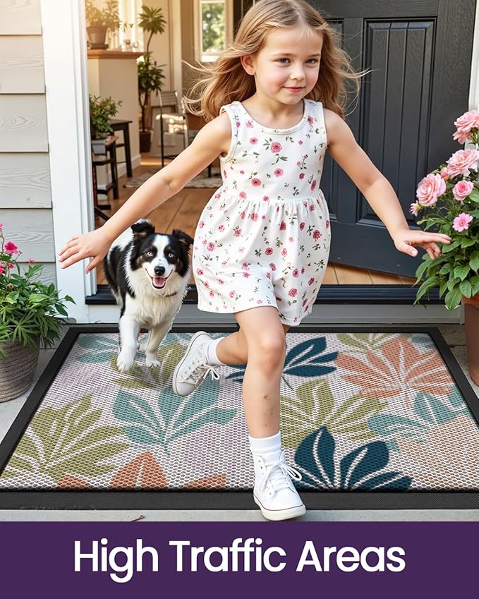 DEXI Front Door Mat Outside Entrance, Fall Autumn Entryway Doormat Dirt Trapper, Heavy Duty Non Slip Entry Mats for Patio Garage Porch Home Decorative, 17x30, Colorful Leaves