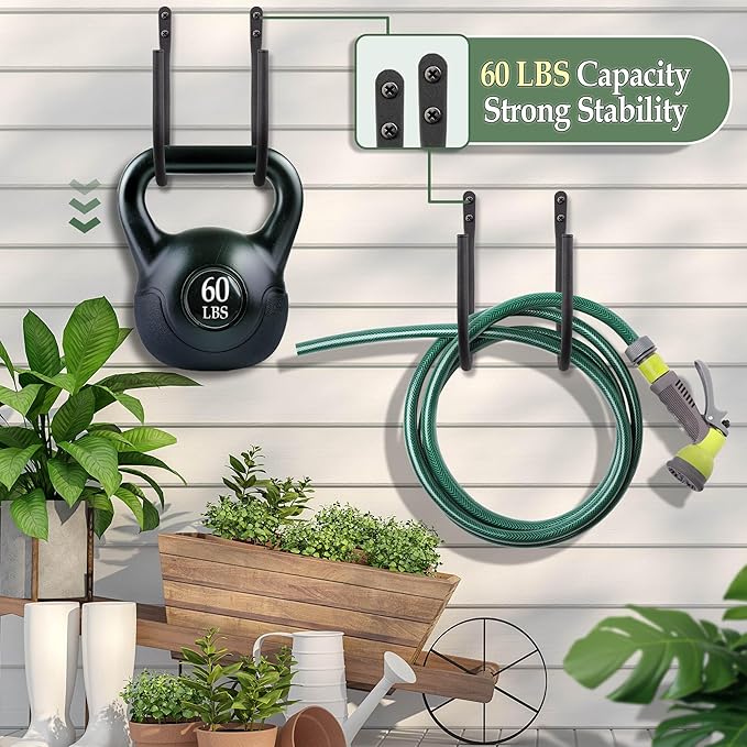 AJART Hose Holder Wall-Mount Outside: Heavy Duty Metal Outdoor Storage with Rustproof - Water Hose Hanger for Garden/Yard/Fence/Patio/House - 4 Pcs