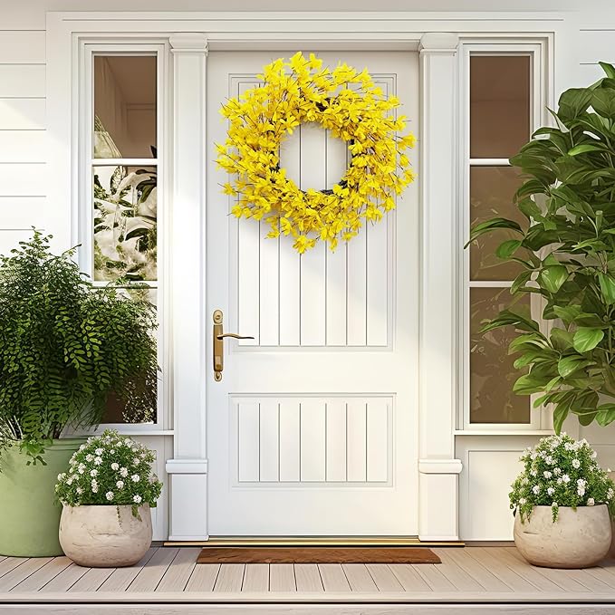 Huashen Spring Wreaths for Front Door, 24 Inch Yellow Forsythia Spring Door Wreath, Farmhouse Spring Door Wreaths on Grapevine for Celebration Wall Window Decoration Hanging