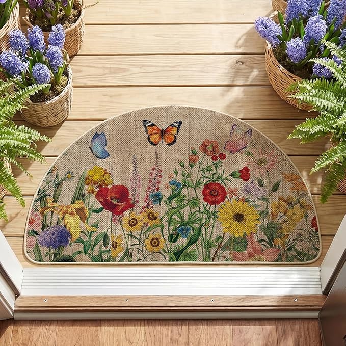 Artoid Mode Wood Flowers Butterfly Spring Semicircular Doormat, Home Summer Decor Low-Profile Switch Rug Door Mat Floor Mat for Indoor Outdoor 17x29 Inch