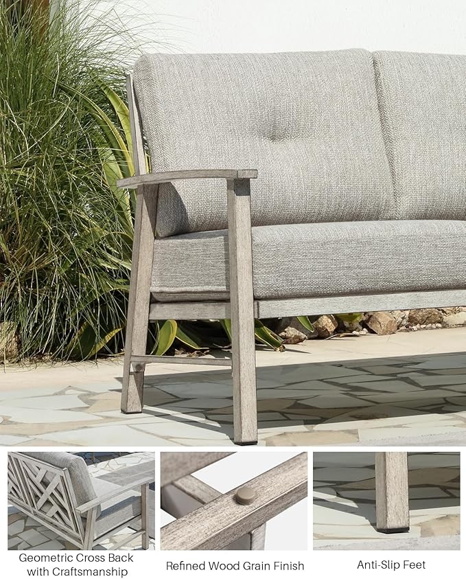 3 Seats Patio Furniture Sofa, Outdoor Aluminum Couch with 5.9'' Soft Cushion, 3-Seater All-Weather Outdoor Patio Furniture Sofa Couch for Balcony, Poolside, Lawn, White Oak