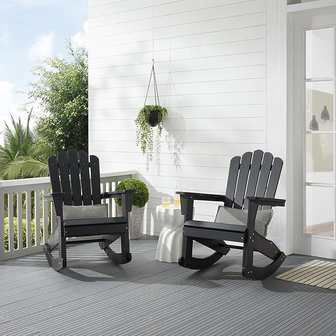 Psilvam Outdoor Adirondack Rocking Chair, Poly Lumber Porch Rocker with High Back, Patio Rocking Chair for Both Outdoor and Indoor (Black)