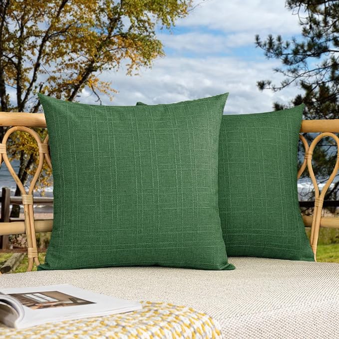 Kevin Textile Pack of 2 Outdoor Waterproof Pillow Covers Checkered Decorative Cushions Sham Throw Pillowcases Shell for Patio Tent Garden Couch Bed Sofa 18x18 Inch Dark Green
