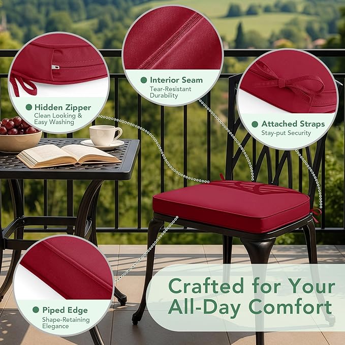 Outdoor Chair Cushions Set of 4: Waterproof & Fade Resistant Patio Furniture Cushions - 17 x 16 x 2 Inch Non Slip Round Corner Seat Cushion Pads with Removable Cover for Garden Yard Lawn, Burgundy