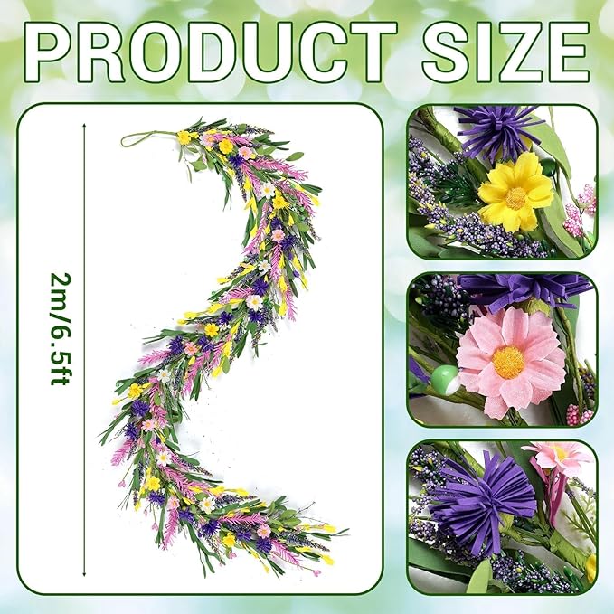 6.5 Ft Spring Summer Garland Artificial Wildflower Lavender Daisy Wisteria Wreath Swags Vine Floral Wreath Garland Fake Flower Greenery Eucalyptus Garland for Wedding Arch Porch Table Farmhouse Decor