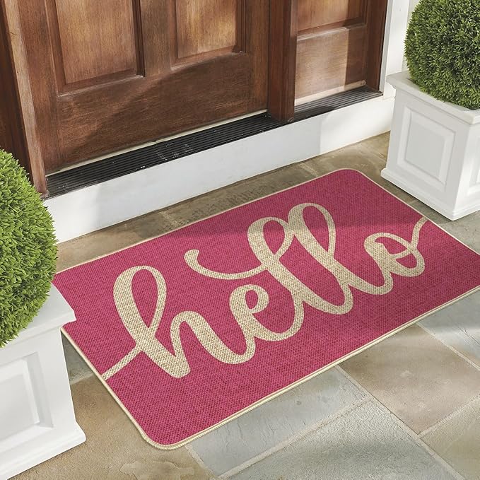 Artoid Mode Pink Hello Spring Doormat, Summer Home Decor Low-Profile Switch Rug Door Mat Floor Mat for Indoor Outdoor 17x29 Inch