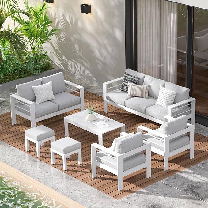 Wisteria Lane Aluminum Patio Furniture Set for All Weather, Oversized Metal Outdoor Furniture Set with 27.5" Deep Seat and 10" Back Cushion, Patio Conversation Sets with Wide armrest, White