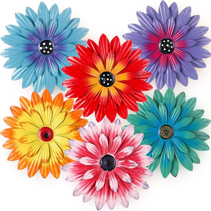 Zhehao 6 Pcs Metal Flower Wall Art Decor 8 Inch Sunflower Wall Decorations Hanging Outdoor Art Multicolored Handmade Metal Flowers Outdoor Decor(Cute Color)