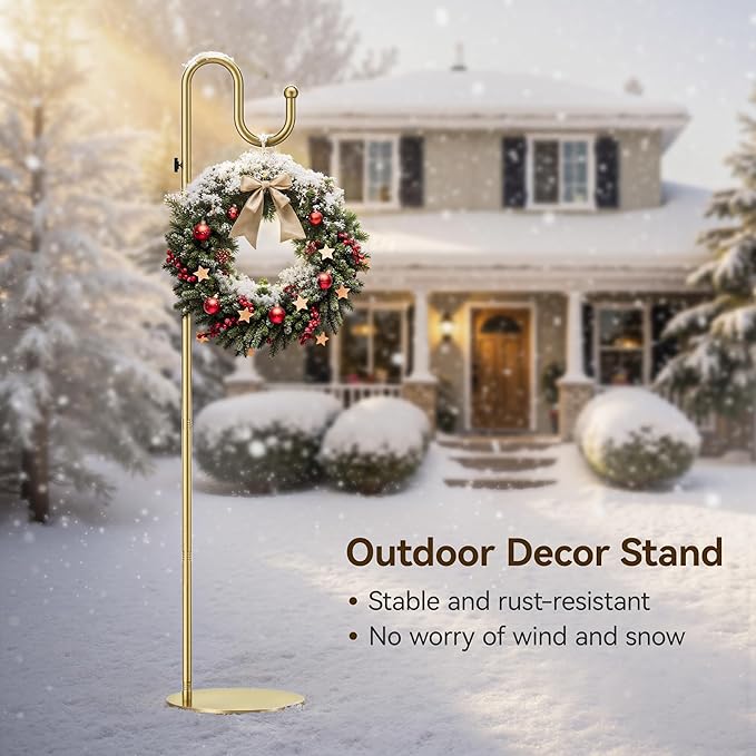 74" Gold Shepherds Hook Stand–Adjustable Free Standing Pole Holder for Hanging Bird Feeders, Plants, Lanterns, Wreaths, and Wind Chimes, Heavy Duty Base for Indoor & Outdoor Use, Holds Up to 20 LBS