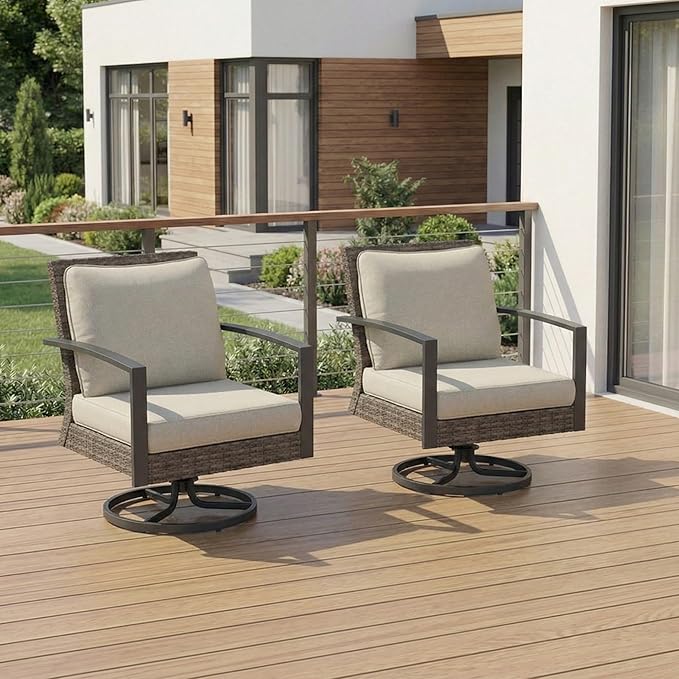 Green4ever Patio Swivel Dining Chairs Set of 2 with 360-Degree Rotating, Metal Outdoor Rocking Chair, All Weather Rattan Patio Chairs for Porch, Bistro, Balcony, Beige