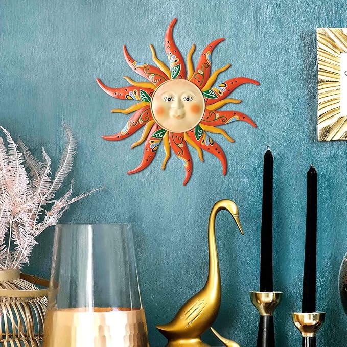 Metal Sun Wall Art Decor,17.3Inches Sun Face Garden Sculptures Statues Wall Art Decorations for Indoor and Outdoor, Room Garden Porch Fence Balcony Patio Decor