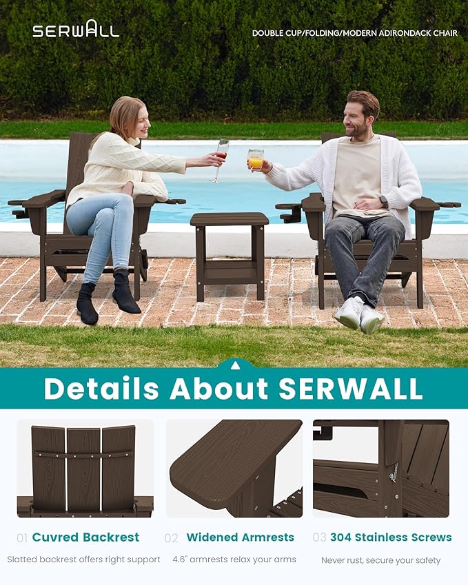 SERWALL Modern Adirondack Chairs Set of 2, Folding Adirondack Chair with Cup Holders, Outdoor HDPE Adirondack Chair for Patio Lawn Garden, Coffee