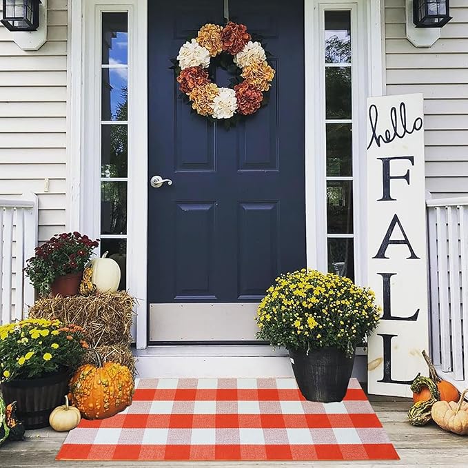 Buffalo Plaid Outdoor Rugs, 2'x4'3'' Orange and White Checkered Indoor/Outdoor Area Rug, Layering Rug for Hello/Welcome Door Mat, Washable Cotton Woven Farmhouse Mat for Fall Front Porch Décor