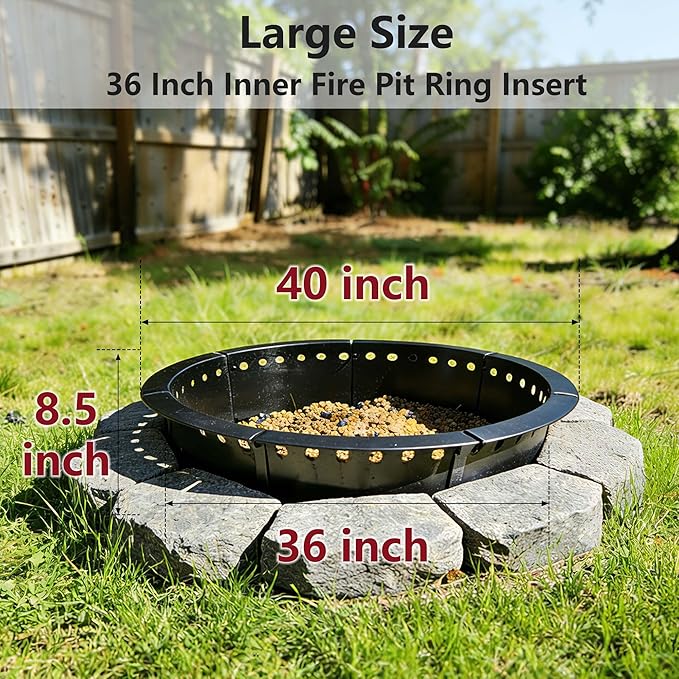 36 Inch Smokeless Fire Pit Ring Insert Outdoor, Heavy Duty Solid Metal Steel Round Firepit Rim Liner for Outside, 40 Inch Outer Diameter DIY Campfire Ring, Above or In-Ground, for Camping Garden Patio