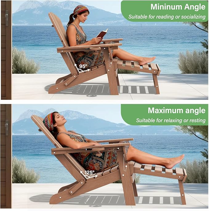 LOUNZY Folding Adjustable Adirondack Chair with Retractable Ottoman, HDPE Recliner Adirondack Chair with Cup Holder for Deck Lawn Fire Pit, Brown