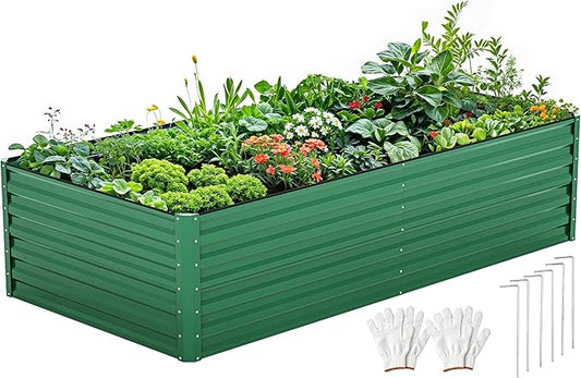 DWVO 8 x 4 x 2 FT Raised Garden Bed Kit, Outdoor Galvanized Flower Bed with Safety Rubberg and Gloves, Large Metal Planter Box for Vegetables, Flowers, Herbs, Fruits, Green