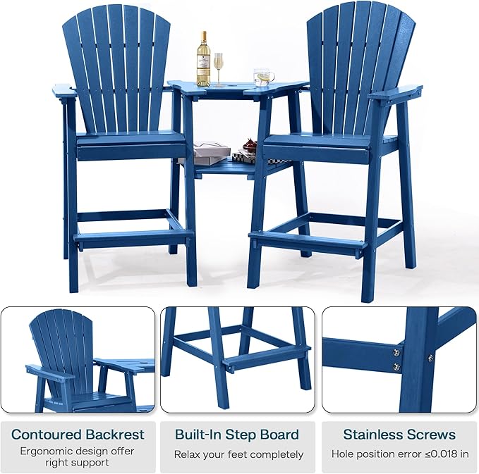 Tall Adirondack Chairs Set of 4, HDPE Balcony Chair with Double Connecting Tray, Weather Resistant Outdoor Adirondack Bar Stools for Patio, Deck, Patio, Backyard, Balcony. (Navy Blue)