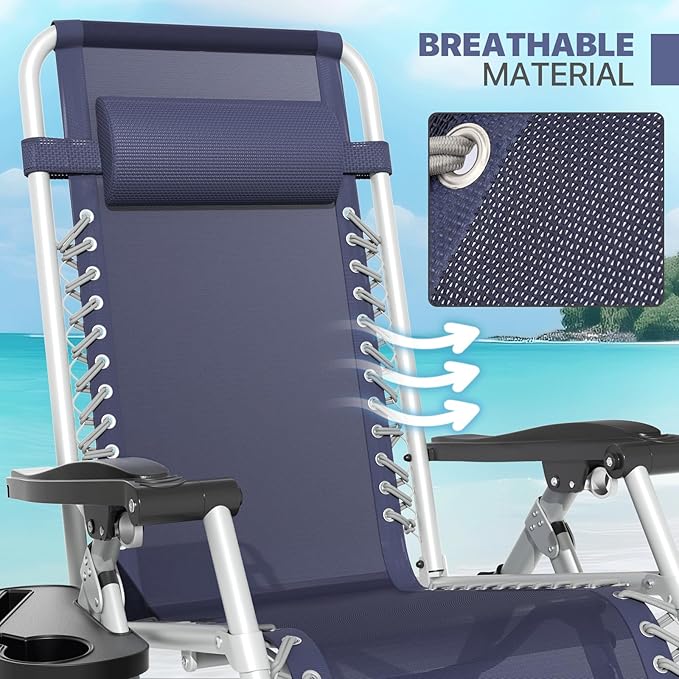 Magshion Zero Gravity Chair with Cushion, Reclining Outdoor Patio Lounge Chair, Folding Indoor Anti Gravity Recliner, Portable Lounger with Removable Cup Holder Side Tray and Pillow Headrest (Blue)