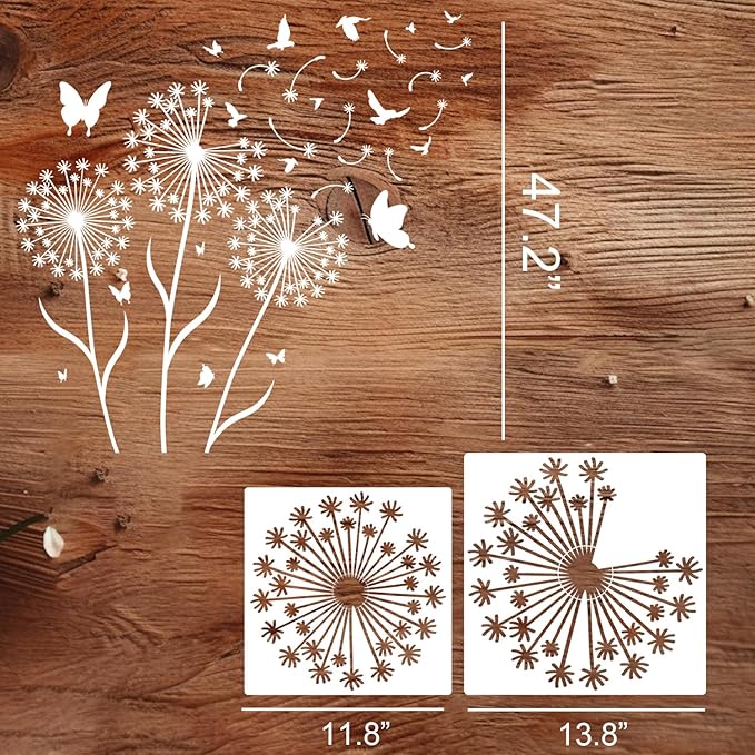 Large Flower Stencils for Painting Flower Stencils for Walls 14” Floral Stencil Dandelion Buterfly Templates for Garden Fence Wood Furniture Fabrics