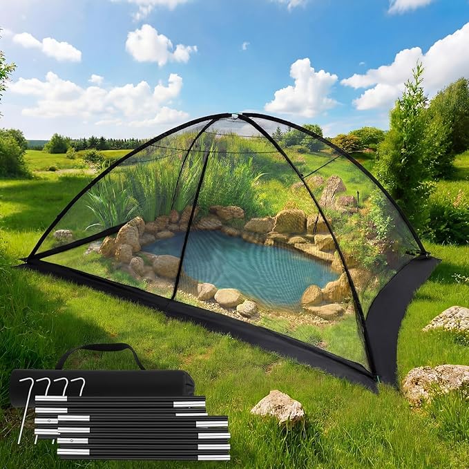 Pond Cover Dome Net 13x17 ft Netting Pond Covering Tent with Zipper Storage Straps, Fiberglass Poles, Ground Nails, Tie Ropes for Outdoor Garden Fish Pool Protection from Leaves Animals