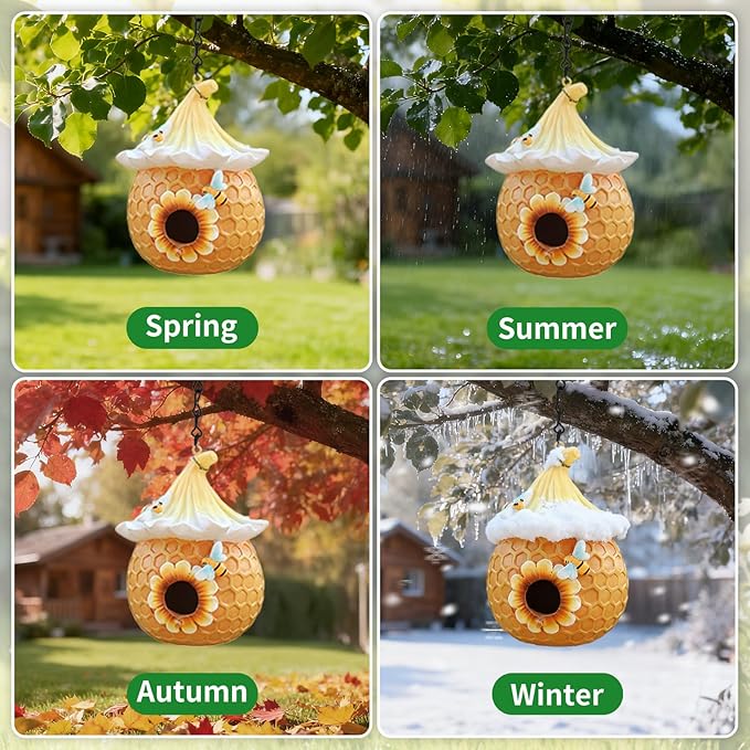 Bird Houses for Outside Pink Cottage Resin Birdhouse, Garden Outdoor Decor Bird House with Flower and Bees, Birdhouses for Outdoors for Bluebird Finches Cardinals