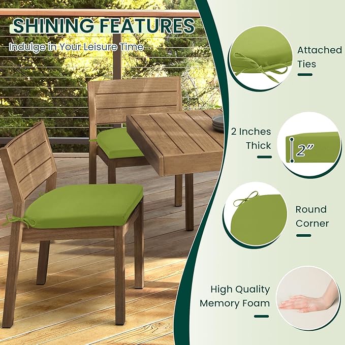 HARBOREST Outdoor Chair Cushions Set of 6, Water Resistant Patio Chair Cushions with Ties, Outdoor Seat Cushions for Patio Furniture, 17"x16"x2", Grass Green