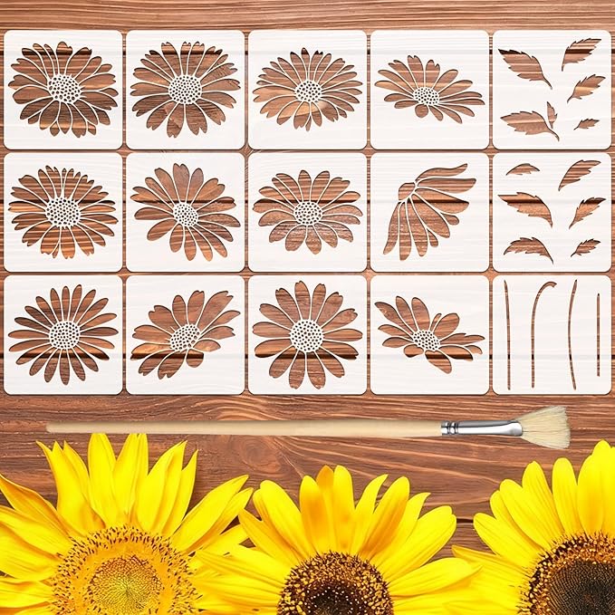 15PCS Large Sunflower Stencils for Painting 12 x 12 Inch Flower Stencils with Brushes Reusable Floral Wall Stencil Sunflower Plastic Template for Wall Furniture Garden Fabrics
