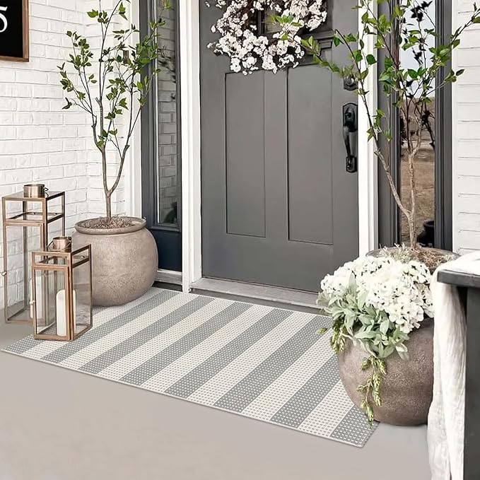 Grey and White Outdoor Runner Rug 2x4.3,Washable Reversible Welcome Door Mat,Cotton Hand Woven Front Porch Decor,Foldable Layered Doormat Indoor Outdoor Rugs for Entryway/Farmhouse